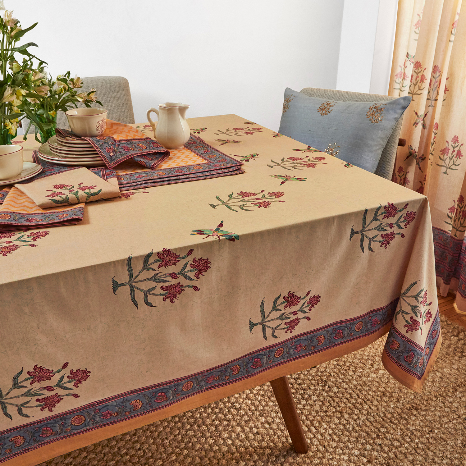 Dragonfly Floral Tablecloth Mustard Yellow